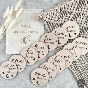 Personalized Wooden Baby Milestone Discs | Monthly Photo Props | Hello World Set
